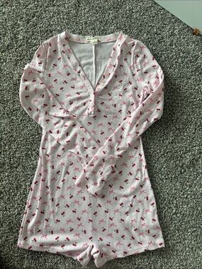 Pink Cherry Print Ribbed Romper